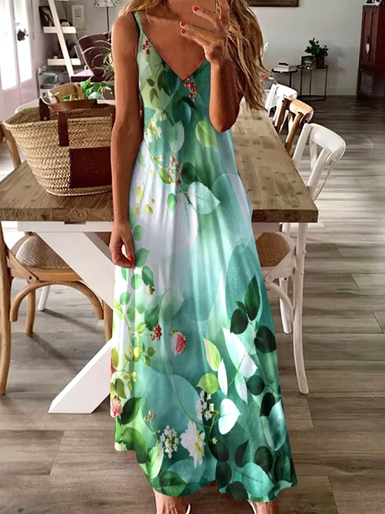 Damen Geometrisch Spaghettiträger Ärmellos Bequem Lässig Maxikleid