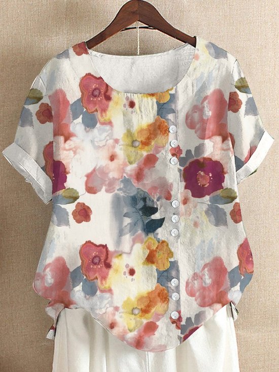 Rundhals Halbarm Geblümt Regelmäßig Regelmäßige Passform Bluse für Damen