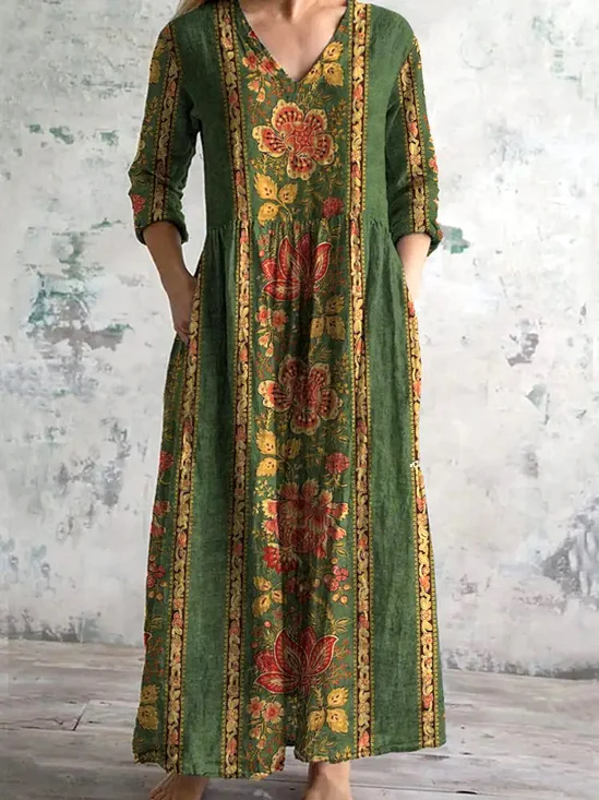 Damen Geblümt V-Ausschnitt Langarm Bequem Lässig Maxikleid