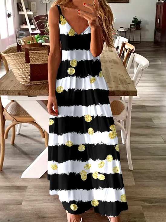 Damen Geometrisch Spaghettiträger Ärmellos Bequem Lässig Maxikleid