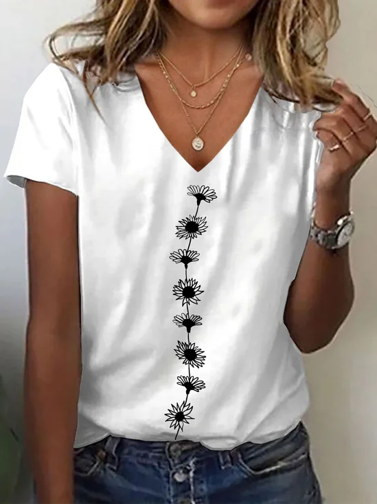 Lässig Geblümt V-Ausschnitt Kurzarm T-Shirt
