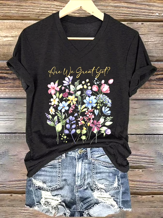 Lässig Geblümt V-Ausschnitt Kurzarm T-Shirt