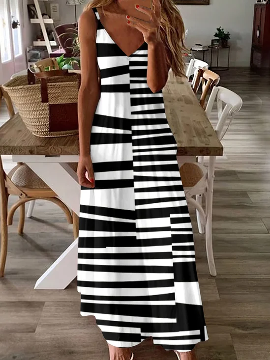 Damen Geometrisch Spaghettiträger Ärmellos Bequem Lässig Maxikleid