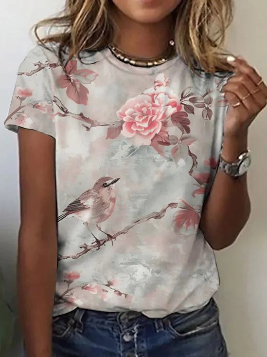 Lässig Geblümt Rundhals Kurzarm T-Shirt
