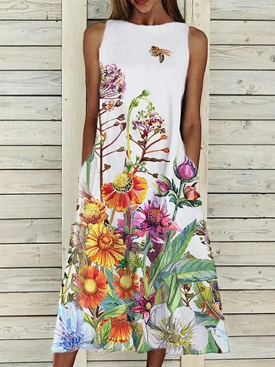 Damen Geblümt Rundhals Ärmellos Bequem Lässig Maxikleid