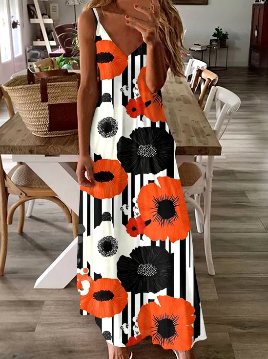 Damen Geometrisch Spaghettiträger Ärmellos Bequem Lässig Maxikleid