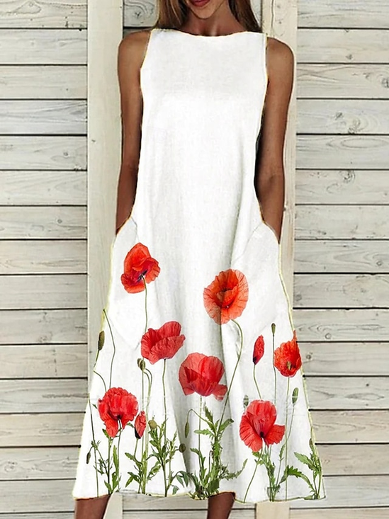 Damen Geblümt Rundhals Ärmellos Bequem Lässig Maxikleid