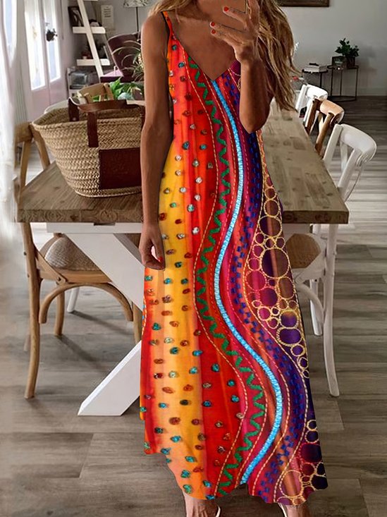 Damen Geometrisch Spaghettiträger Ärmellos Bequem Lässig Maxikleid