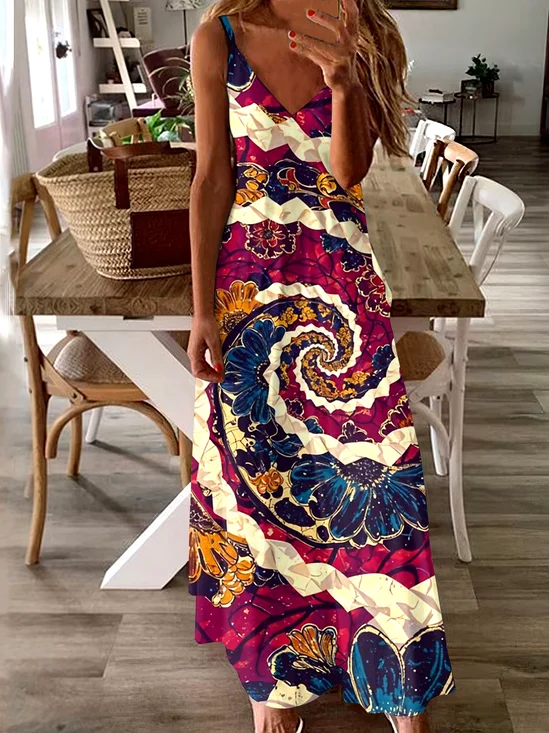 Damen Geometrisch Spaghettiträger Ärmellos Bequem Lässig Maxikleid