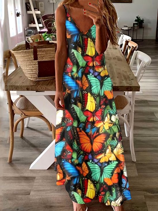 Damen Geometrisch Spaghettiträger Ärmellos Bequem Lässig Maxikleid