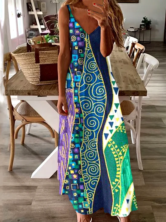 Damen Geometrisch Spaghettiträger Ärmellos Bequem Lässig Maxikleid