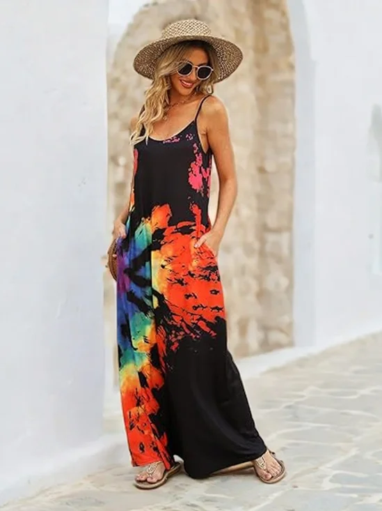 Damen Batik Rundhals Gallus Bequem Lässig Maxikleid
