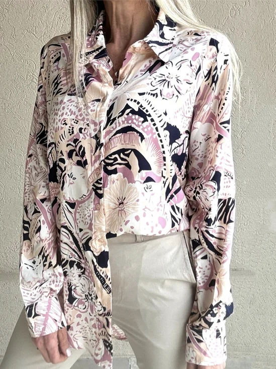 Hemdkragen Langarm Geblümt Regelmäßig Mikroelastizität Regelmäßige Passform Bluse für Damen