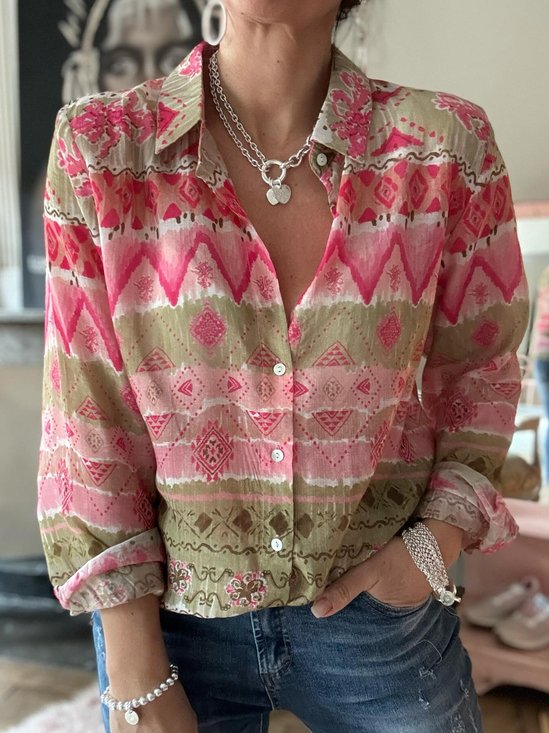 Hemdkragen Langarm Geometrisch Regelmäßig Mikroelastizität Regelmäßige Passform Bluse für Damen