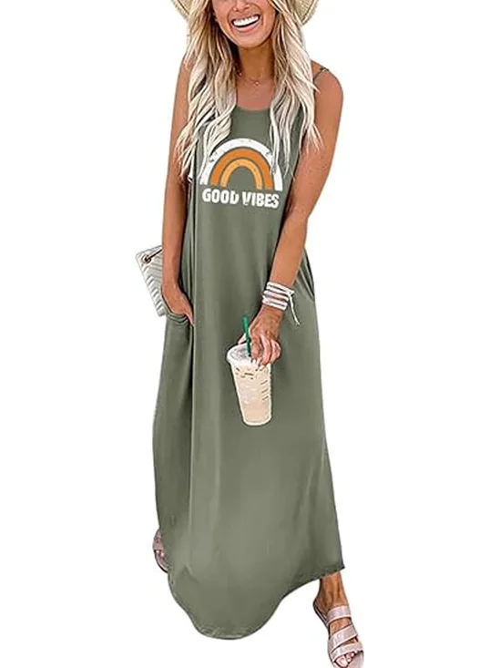 Damen Geometrisch Rundhals Gallus Bequem Lässig Maxikleid