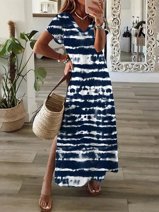 Damen Abstrakt V-Ausschnitt Kurzarm Bequem Lässig Print Maxikleid