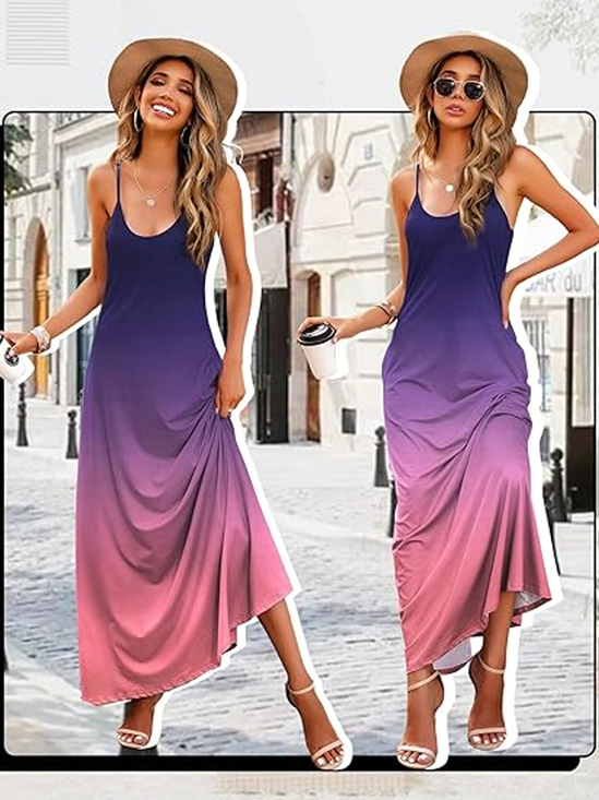 Damen Farbverlauf Rundhals Gallus Bequem Lässig Maxikleid
