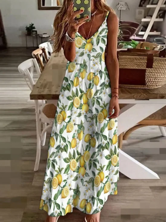 Damen Obst V-Ausschnitt Gallus Bequem Lässig Maxikleid