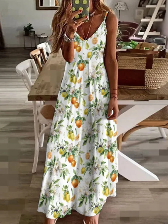 Damen Obst V-Ausschnitt Gallus Bequem Lässig Maxikleid