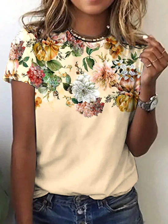 Lässig Geblümt Rundhals Kurzarm T-Shirt