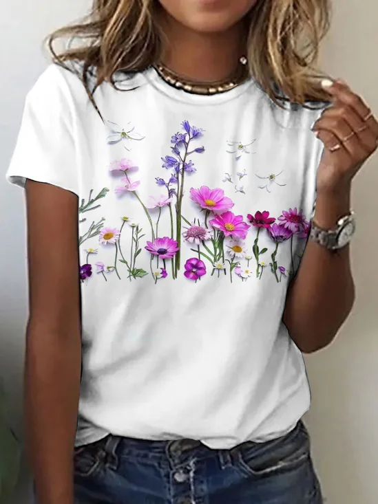 Lässig Geblümt Rundhals Kurzarm T-Shirt