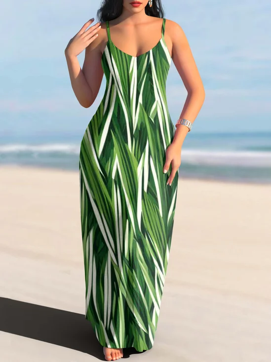 Damen Geblümt Spaghettiträger Ärmellos Bequem Lässig Maxikleid