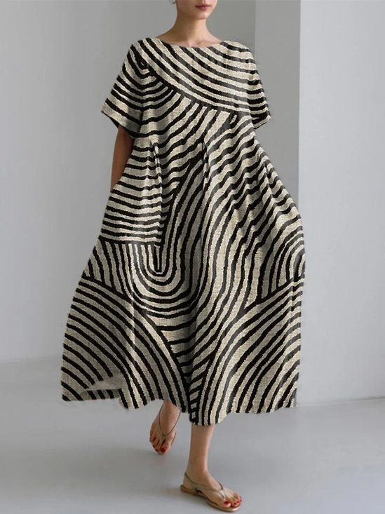 Damen Gestreift Rundhals Kurzarm Bequem Lässig Maxikleid