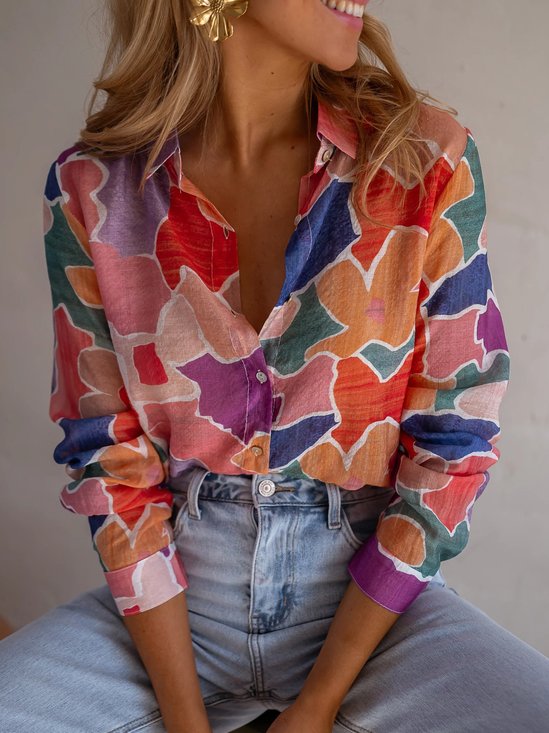 Hemdkragen Langarm Geometrisch Regelmäßig Mikroelastizität Regelmäßige Passform Bluse für Damen