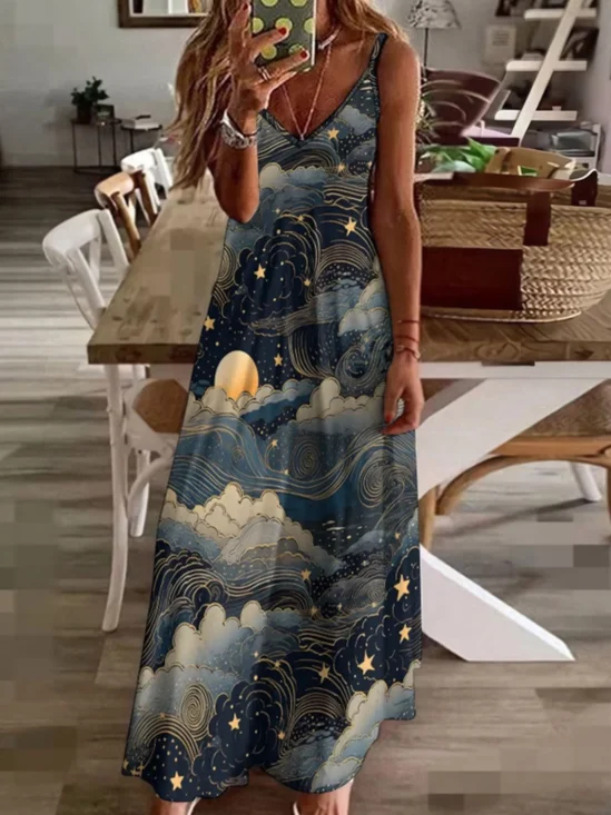 Damen Stern V-Ausschnitt Gallus Bequem Lässig Maxikleid