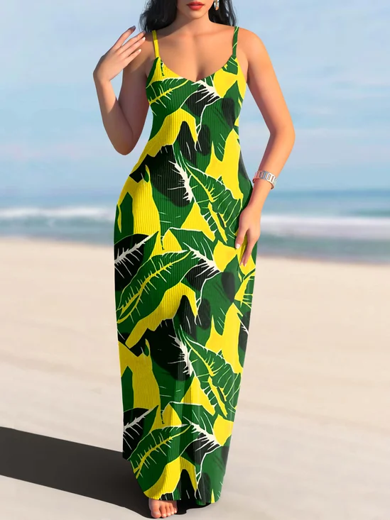 Damen Geblümt Spaghettiträger Ärmellos Bequem Lässig Maxikleid