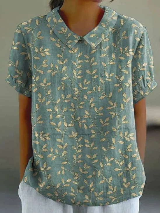 Schalkragen Kurzarm Geblümt Print Leicht Weit Bluse für Damen