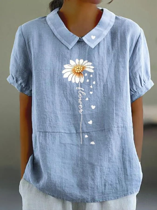 Schalkragen Kurzarm Geblümt Print Leicht Weit Bluse für Damen