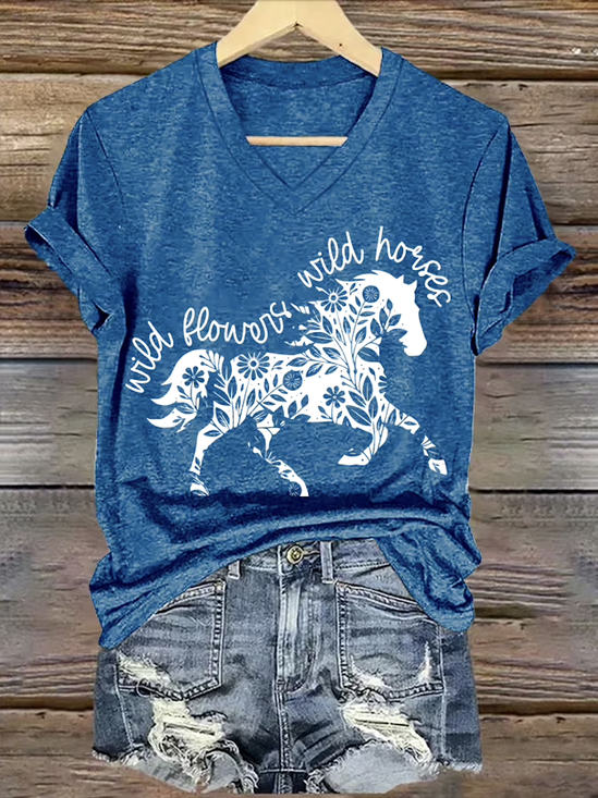 Lässig Geblümt V-Ausschnitt Kurzarm T-Shirt