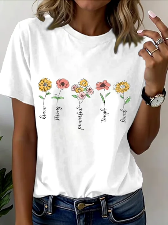 Lässig Geblümt Rundhals Kurzarm T-Shirt