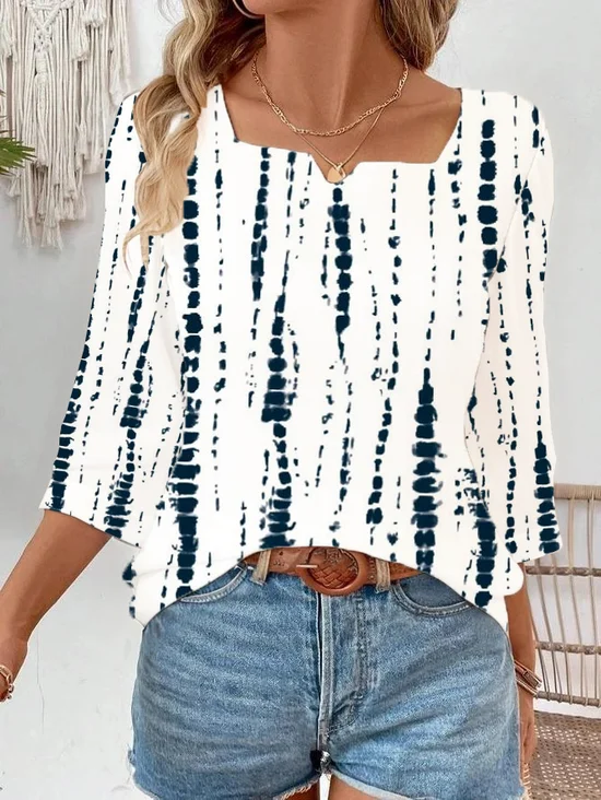 Gekerbt Dreiviertelärmel Gestreift Print Regelmäßig Weit Bluse für Damen