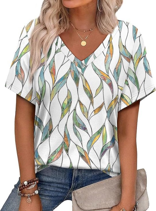 Lässig Geometrisch V-Ausschnitt Kurzarm T-Shirt