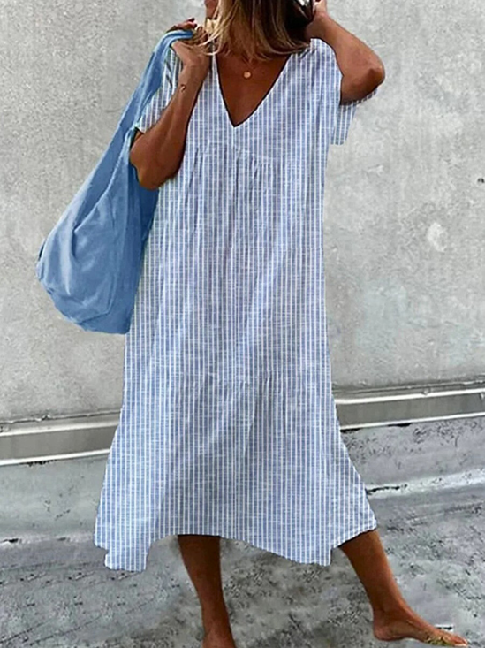 Damen Gestreift V-Ausschnitt Ärmellos Bequem Lässig Maxikleid