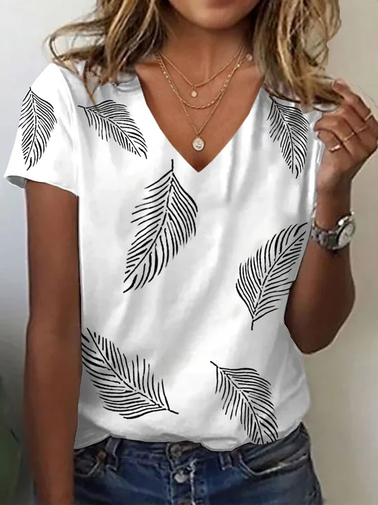 Lässig Feder V-Ausschnitt Kurzarm T-Shirt