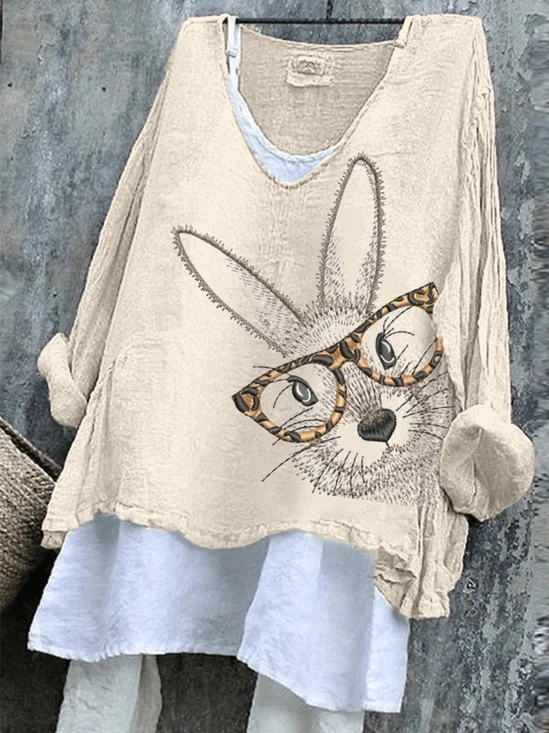 Retro OSTERN (Kaninchen) V-Ausschnitt Langarm T-Shirt