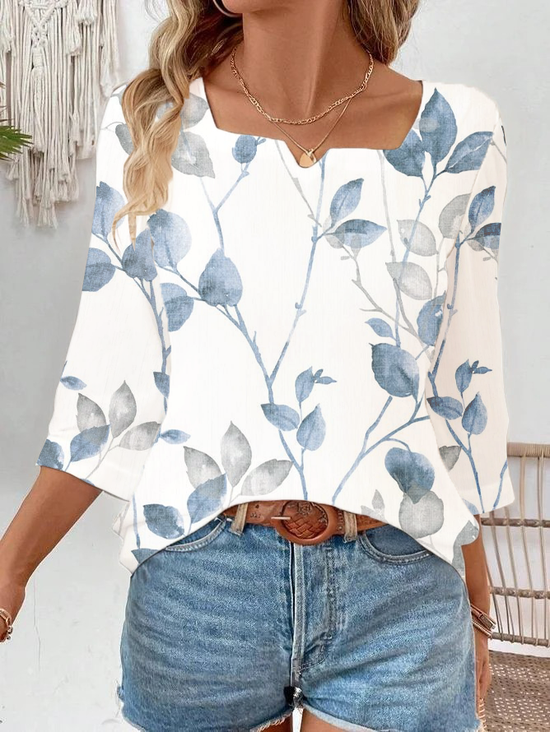 Gekerbt Dreiviertelärmel Geblümt Print Regelmäßig Weit Bluse für Damen