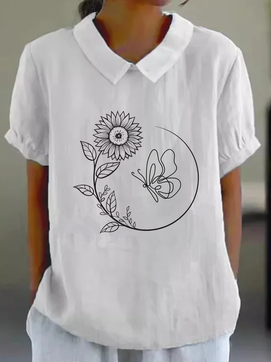 Schalkragen Halbarm Sonnenblume Regelmäßig Weit Bluse für Damen