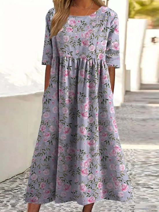 Damen Geblümt Rundhals Kurzarm Bequem Lässig Maxikleid
