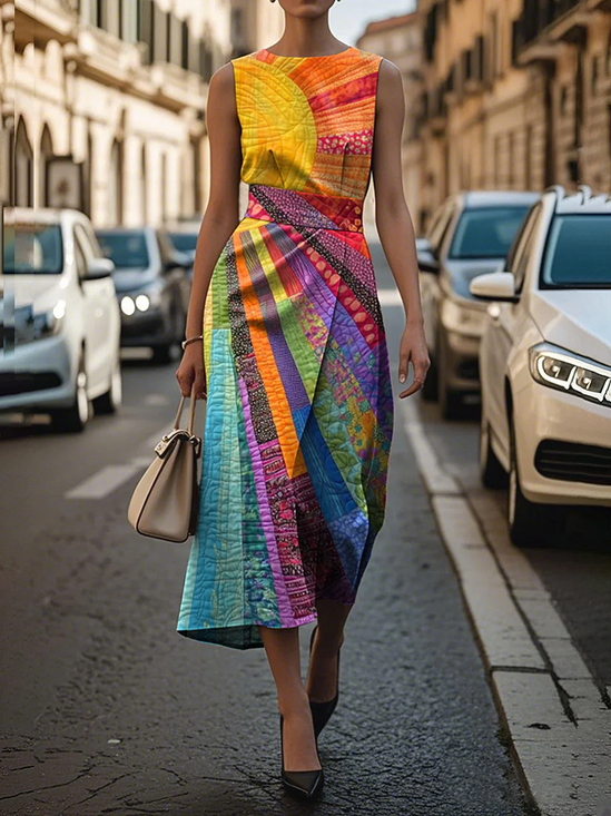 Damen Hippie Rundhals Ärmellos Bequem Retro Print Maxikleid