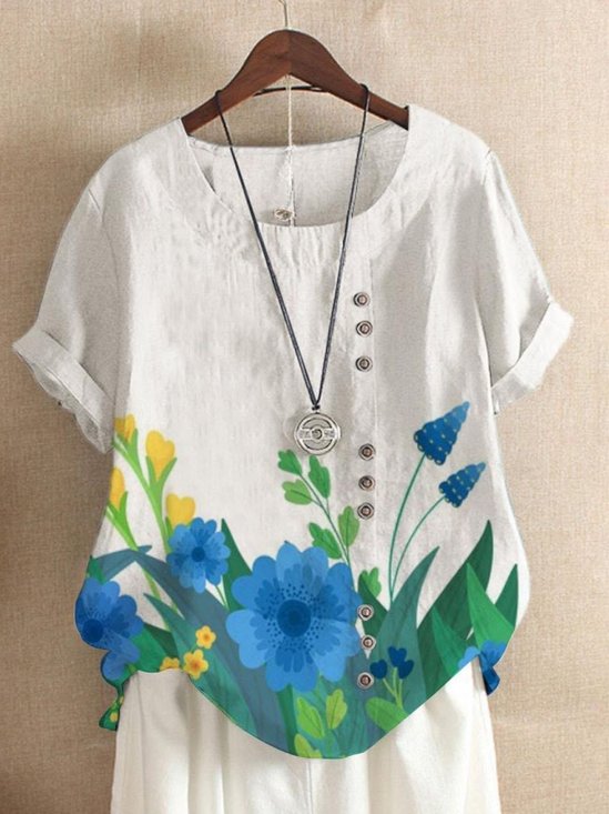 Rundhals Halbarm Pflanzen Regelmäßig Regelmäßige Passform Bluse für Damen