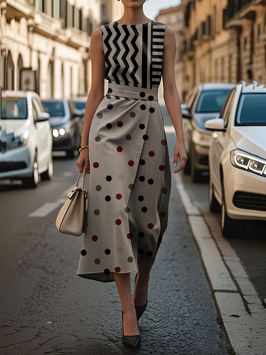 Damen Geometrisch Rundhals Ärmellos Bequem Retro Print Maxikleid