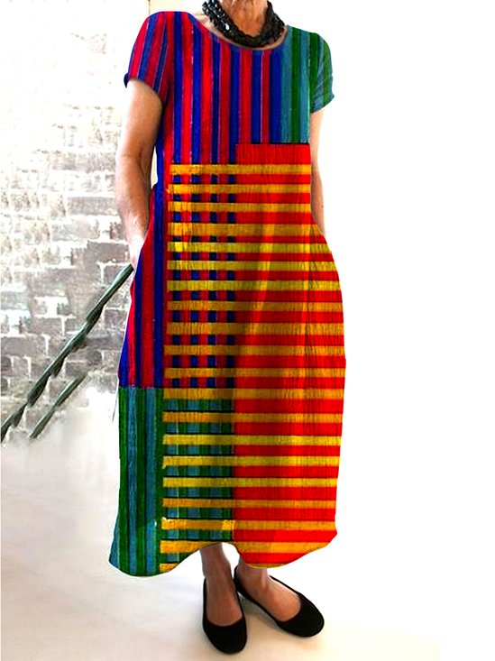 Damen Geometrisch Rundhals Kurzarm Bequem Lässig Maxikleid