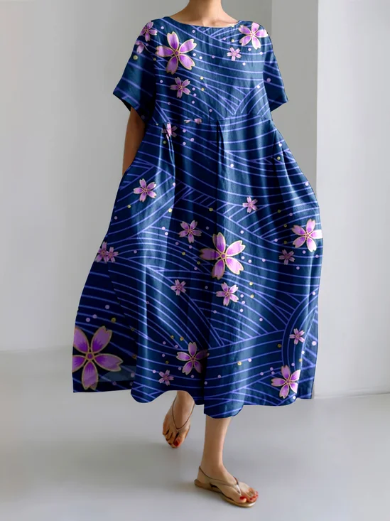 Damen Geblümt Rundhals Kurzarm Bequem Lässig Maxikleid