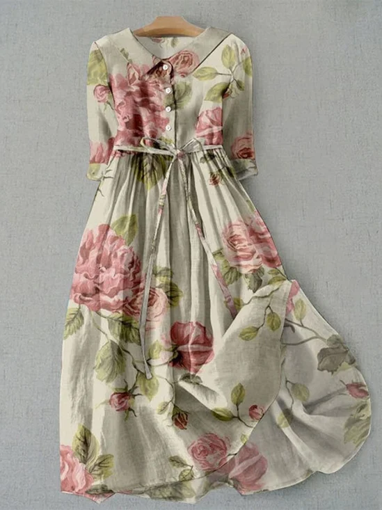Damen Geblümt Hemdkragen Kurzarm Bequem Retro Maxikleid