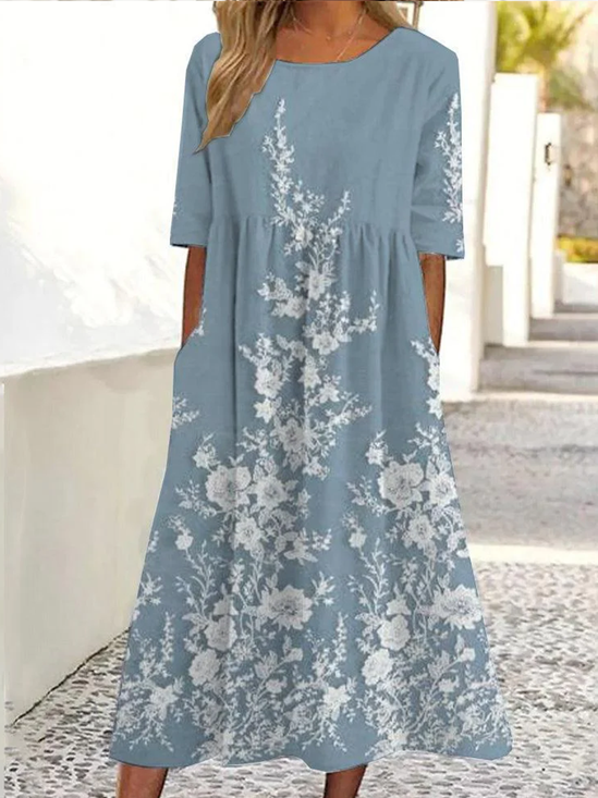 Damen Geblümt Rundhals Kurzarm Bequem Lässig Maxikleid