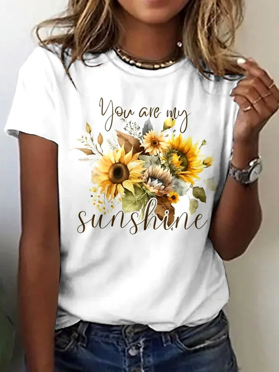 Lässig Geblümt Rundhals Kurzarm T-Shirt